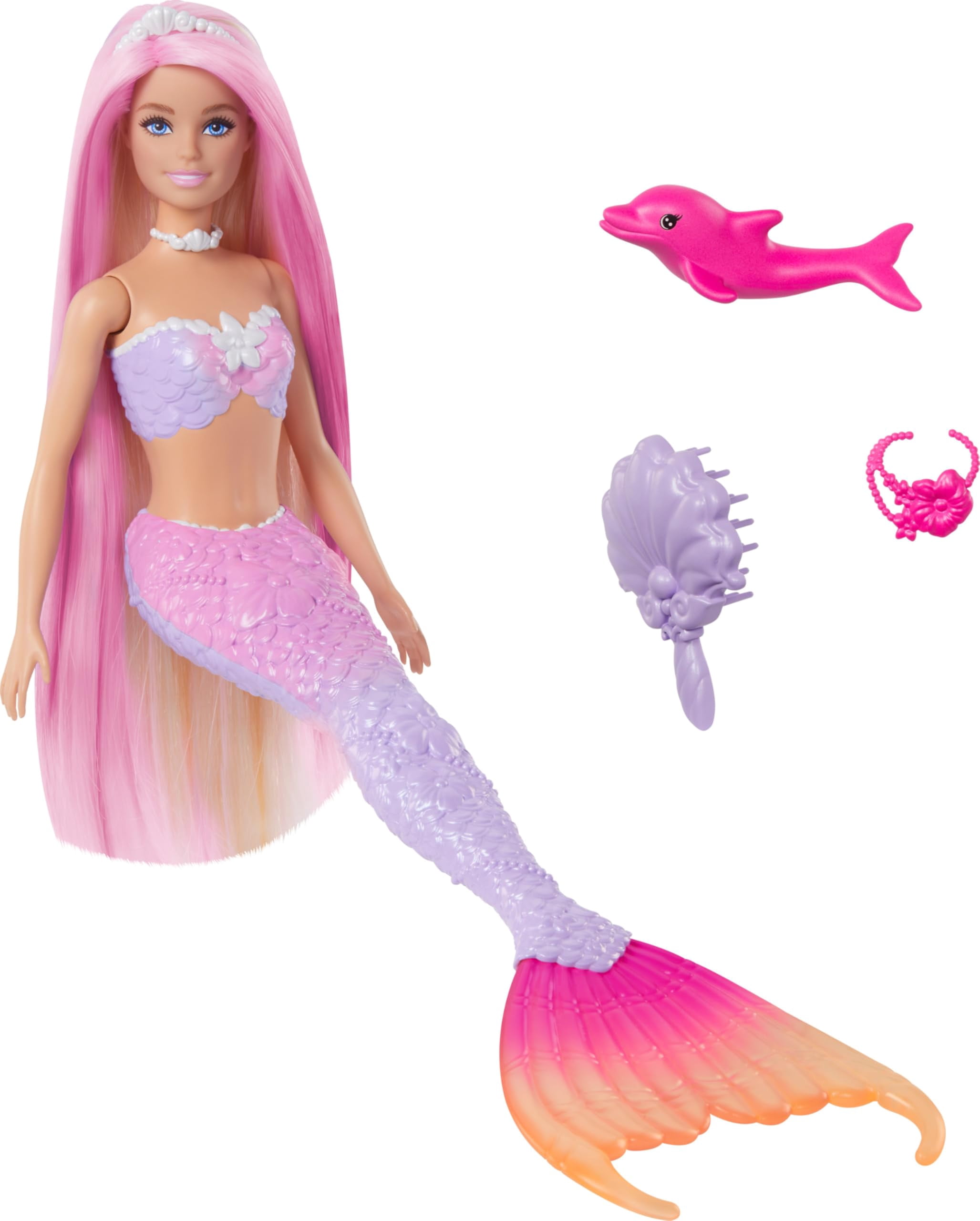 Barbie Mermaid Doll, Malibu with Pink Hair, Styling Accessories, Pet Dolphin and Water-Activated Color Change Feature Multicolor