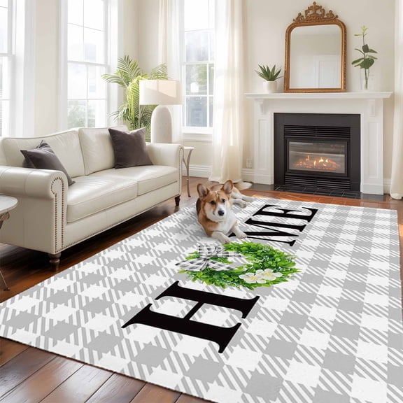 Home Area Rugs 5x7 ft Spring Country Farm Green Boxwood Flowers Wreath Grey Plaid Washable Rug Non Slip Indoor Carpet Absorbent Floor Mat for Living Room Bedroom Dining Room