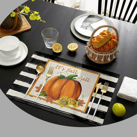 

Placemats Set of 6 Washable Thanksgiving Day Placemat for Dining Table Decorations Heat-Proof Table Mats for Kitchen Dinner Banquet Fall Stripe Pumpkin Harvest Fall Season
