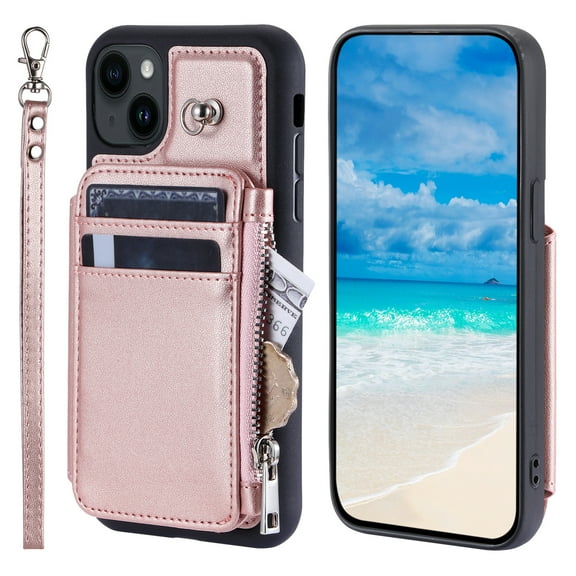 ELEHOLD for iPhone 15 PU Leather Wallet Case,RFID Blocking Card Slots Magnetic Closure Detachable Wrist Strap Lanyard Wallet Crossbody Strap Case for iPhone 15,Rosegold