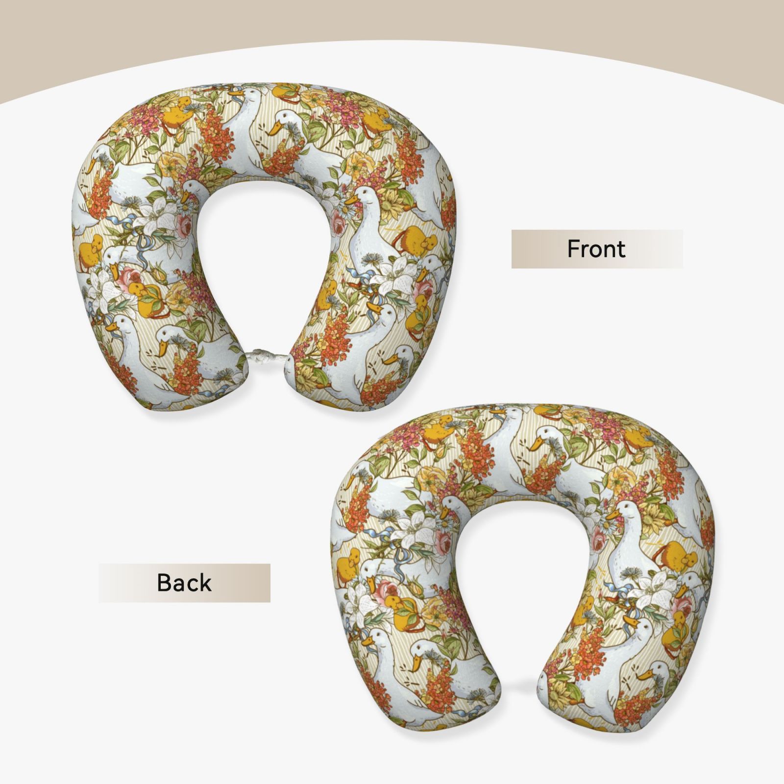 Xecao Ducks and Flowers Print Memory Foam Cervical Neck Pillow Versatile U-Shaped Pillows for Home,Office,Camping,Travelling,Soft Washable Cover