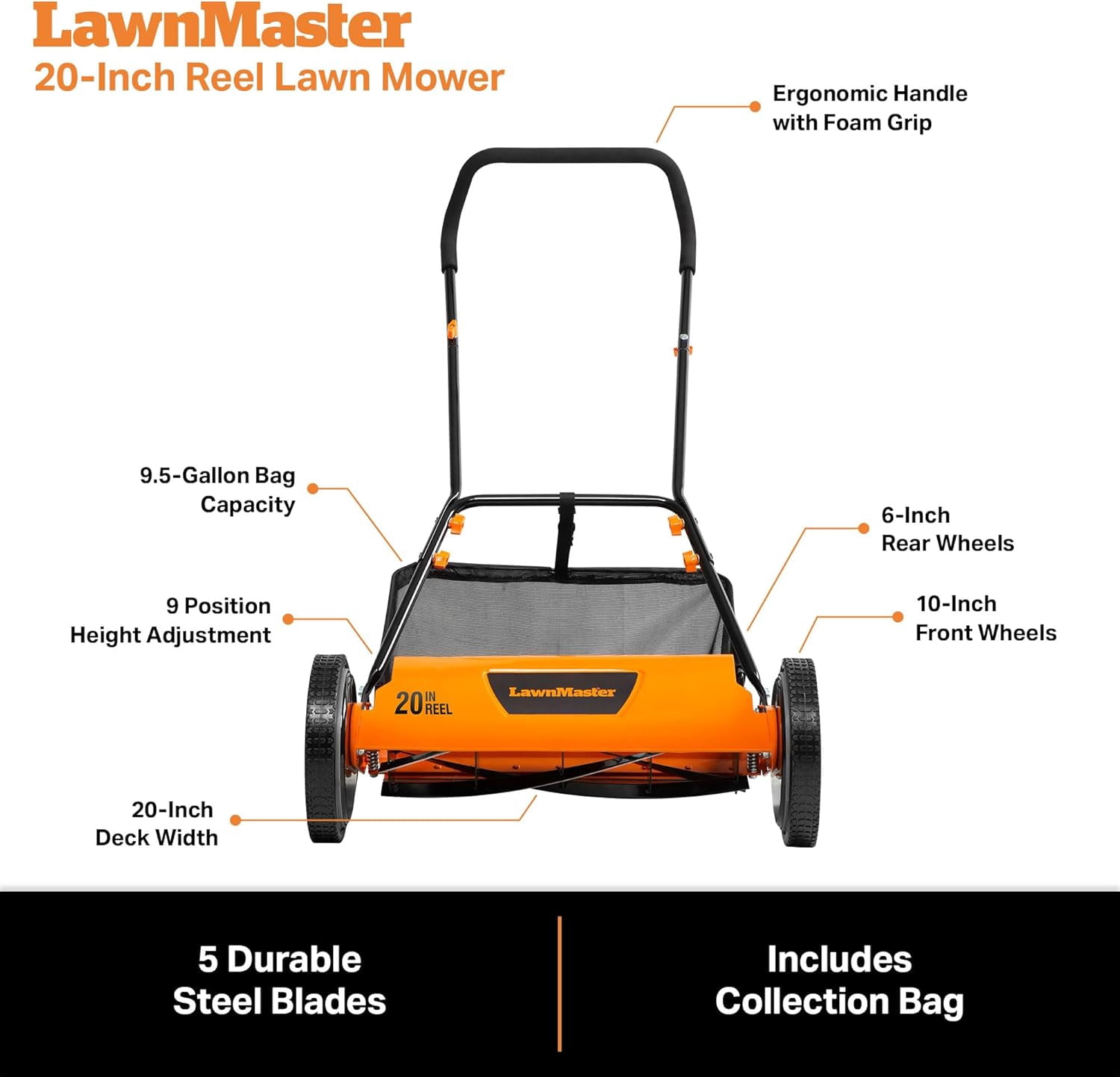LawnMaster LMRM2001 20-Inch Manual Reel Lawn Mower, 9 Custom Cutting Positions (1.3"-2.6"), Eco-Friendly Motorless Design for Small & Medium Lawns