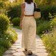 thumbnail image 4 of Womens Linen Lace Trim Pants Summer Boho Elastic Waist Wide Leg Palazzo Pants Flowy Pull on Vacation Beach Pants, 2XL, 4 of 5