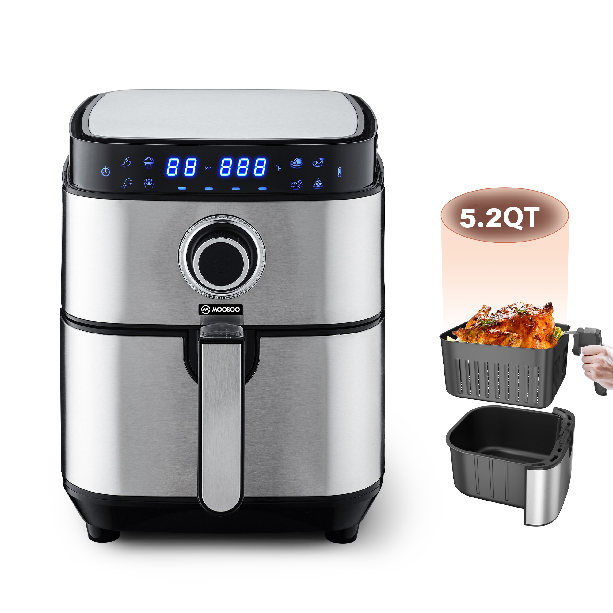 Moosoo Air Fryer, 5.2Qt OilLess Air Fryer, 8 Preset Modes, Digital