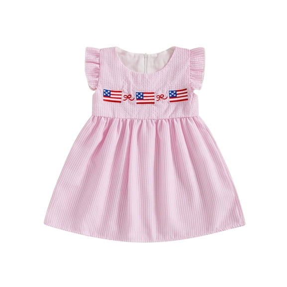 BemeyourBBs Toddler Baby Girls 4th of July Dress Outfit Patriot Fourth of July Independence Day Clothes Flag Embroidery Fly Sleeve Zipper Striped Casual Summer Dress Outfits