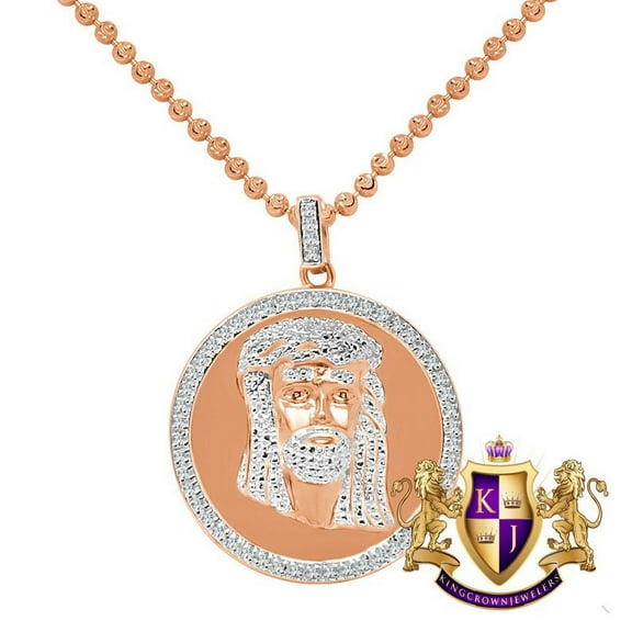 Real Genuine Diamonds 10K Rose Gold Finish Mini Jesus Face Round Bezel Charm Pendant Chain Set