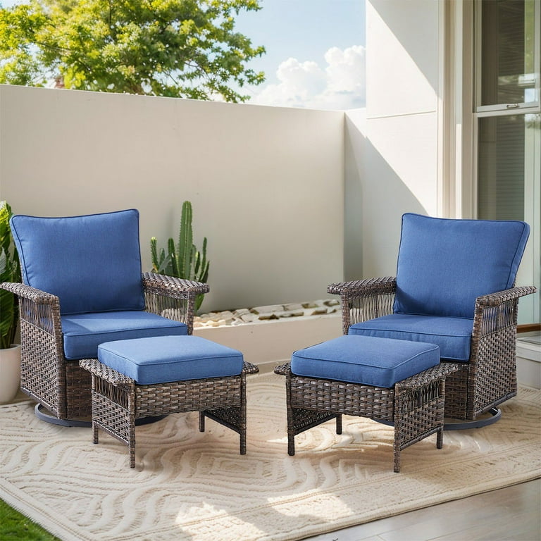 Parkwell 4 Piece Outdoor Swivel Gliders with Ottoman Seat Foot Rest 360 Degree Swivel Rocker Chair Rattan Wicker Conversation Bistro Furniture Sets