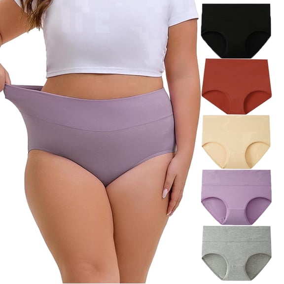 Sunm Boutique Plus Size Women’s Tummy Control High Waisted Underwear, 5-Pack Soft Cotton Briefs, Full Coverage Panties
