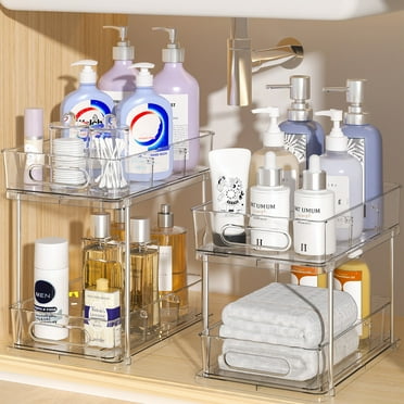 2 Tier Bathroom Storage Organizer, Delamu 2 Pack Clear Under Sink Organizers Vanity Countertop Storage, Sliding Cabinet Organizer, Pull-Out Organization for Pantry, Kitchen