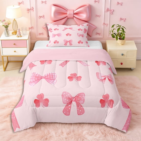 Erosebridal Cute Clover Bow Twin Comforter Sets 3-Piece for Girls,Kids Teens Dreamy Flowers Bowtie Bedding Set,Pink Reversible,Super Cozy Room Decor