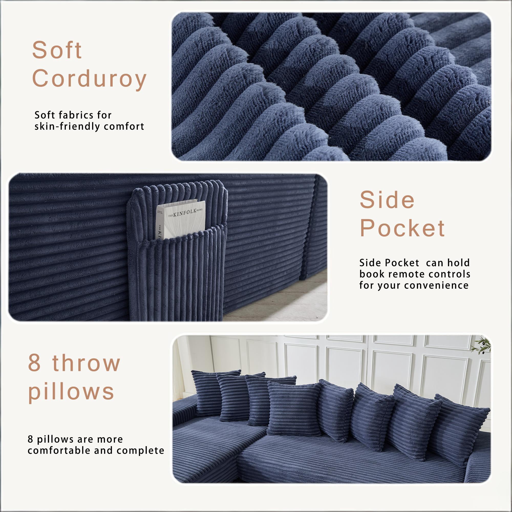 Howcool Modern L-Shaped Sectional Sleeper Sofa Oversized Cloud Couch 3-in-1 Convertible Floor Bed Corduroy with 8 Pillows