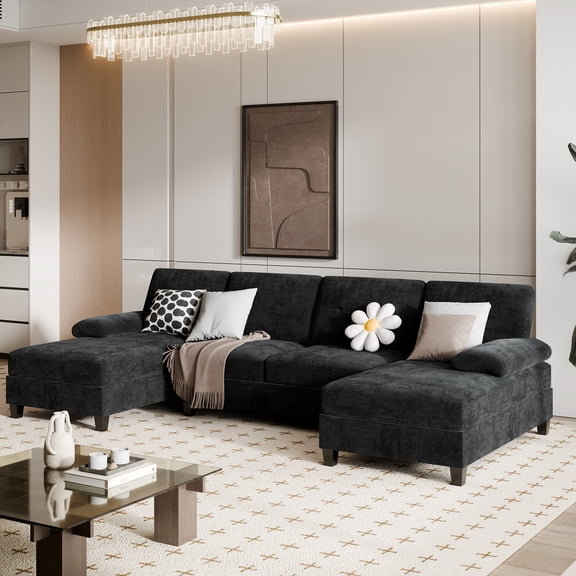 Walsunny Modern U-Shaped Sectional Sleeper Sofa with 4 Deep Seat, Modular Cloud Oversized Sofa Couch with Chenille Fabric & Double Chaise for Apartment, Black