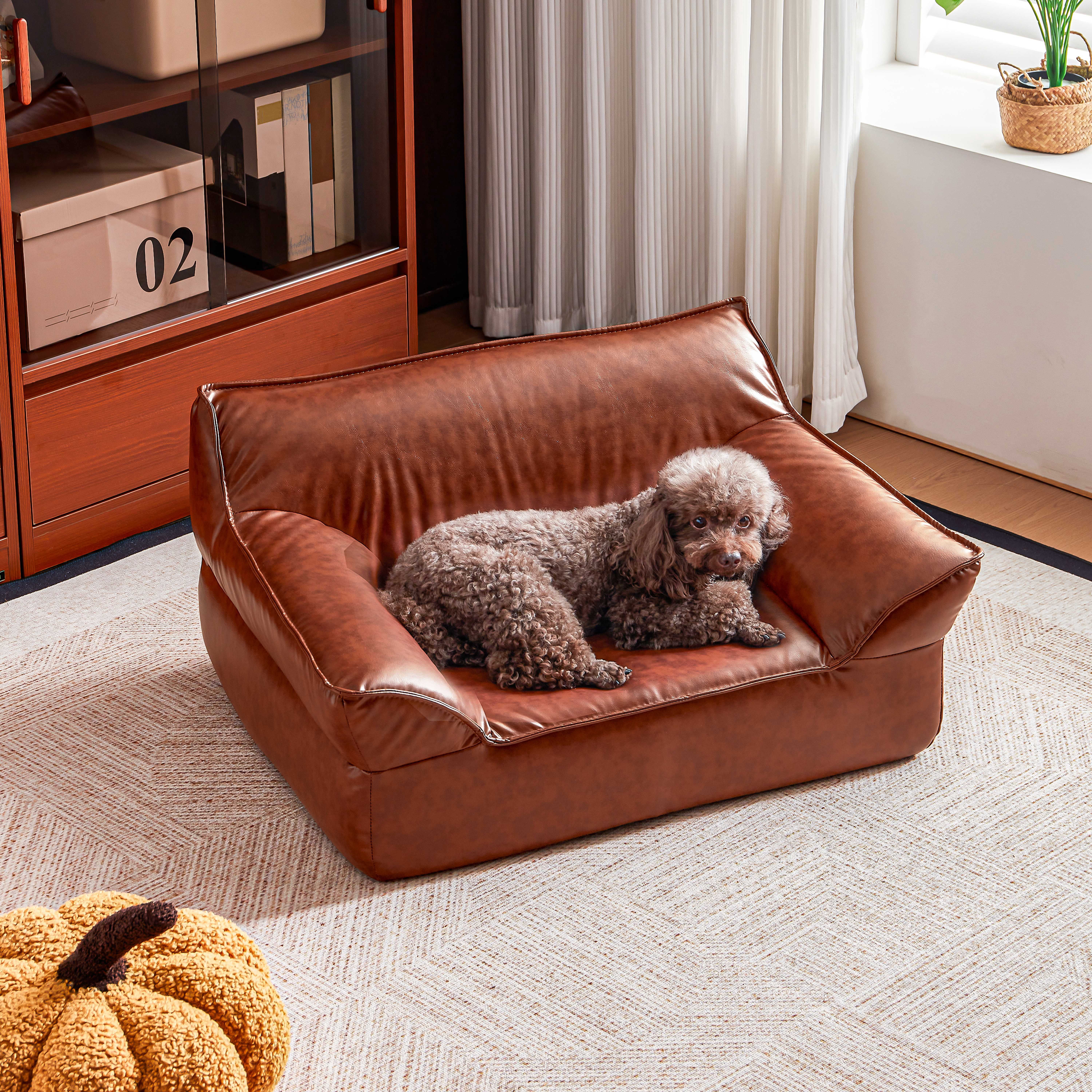 ATJafurn 31.5''W Leather Brown Dog Bed Sofa, Mid-Century Modern Pet Bed Couch for Medium Dogs up to 50lbs with Removable & Washable Cover