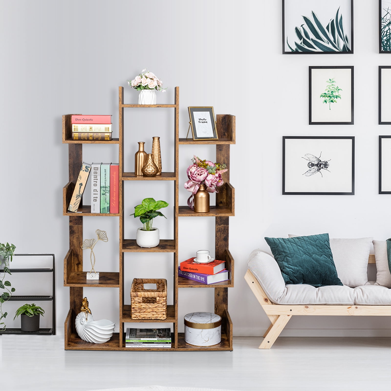 Hassch Wood Bookcase Home 12Shelf Tree Book Rack Display Storage Shelf