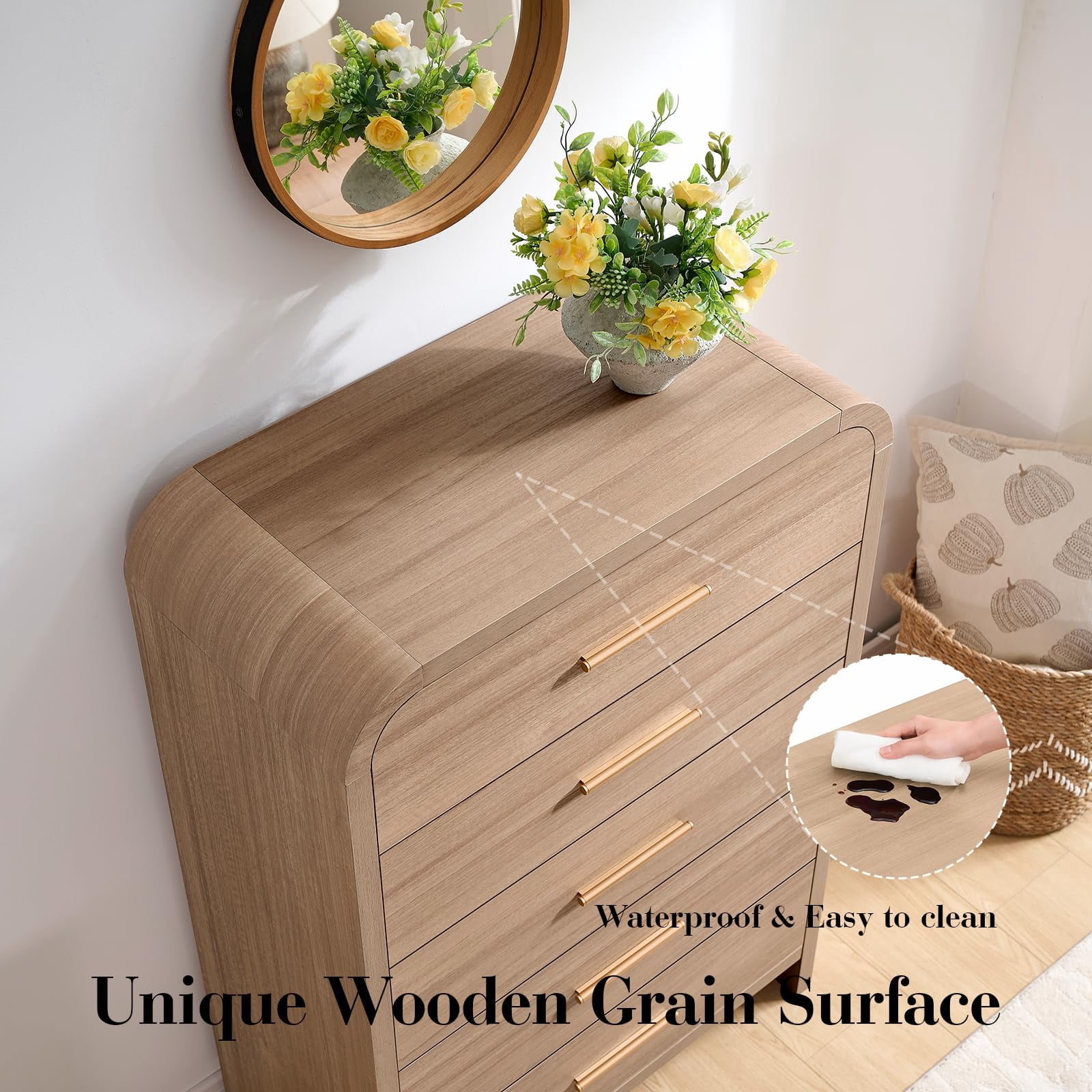 Vintagearth 5 Drawers Dresser for Bedroom, Curved 45.6" Tall FSC-certified Wood 1.18" Thick Board Dressers & Chests of Drawers for  Living Room, Hallway, Entryway, Oak