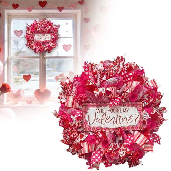 Artificial Valentine'S Day Wreath,Wreath for Front Door,Valentine'S Day Fabric Wreath Artificial Spring Wreaths With Bows Garland Decoration for Holiday Festival