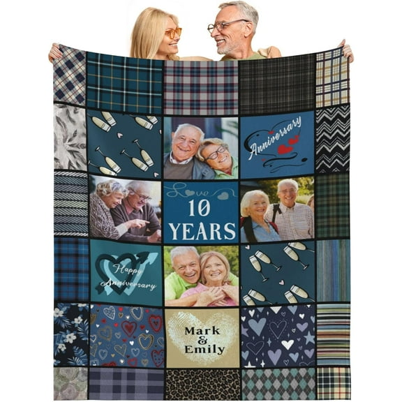 Personalised Anniversary Blanket with Name Gift Blanket for Valentine's Day, Birthday, Wedding Photo Blanket for Couples (1 Photo/Date)