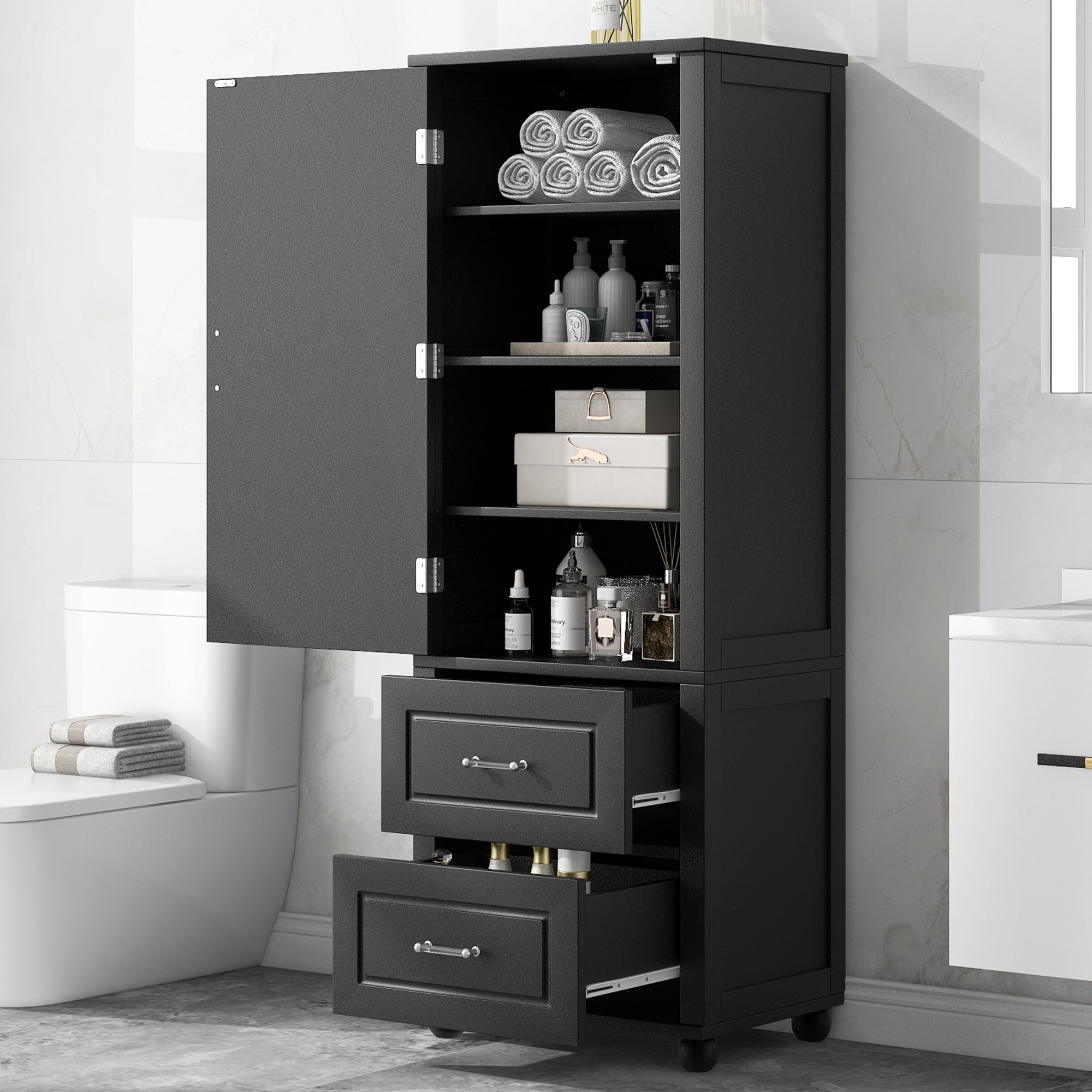 ALEXLOGER 61.4" Tall Bathroom Storage Cabinet with 1 Doors and 2 Drawer, Freestanding Linen Cabinet, Wooden Pantry with Adjustable Shelf for Kitchen, Bathroom, Living Room