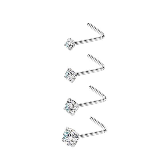 4pcs 22g Nose Rings Studs 1.5mm 2mm 2.5mm 3mm CZ Diamond Nose Studs Cubic Zirconia Nose Stud Silver L Shaped Nose Studs for Women Nostril Piercing Jewelry 22 Gauge
