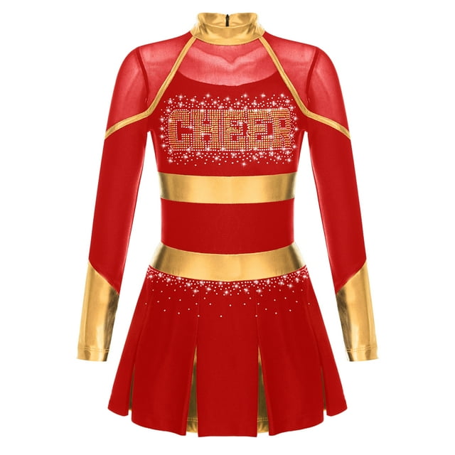 Jhaoyu Robe de Danse de Cheerleading Ballet pour Filles Uniforme Scolaire Robe Plissée à Manches Longues Tenues d'Halloween Rouge 10