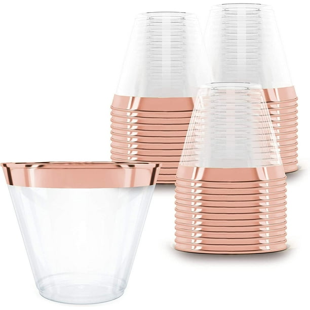 Prestee 100 Rose Gold Plastic Cups 9 oz Hard Disposable Cups