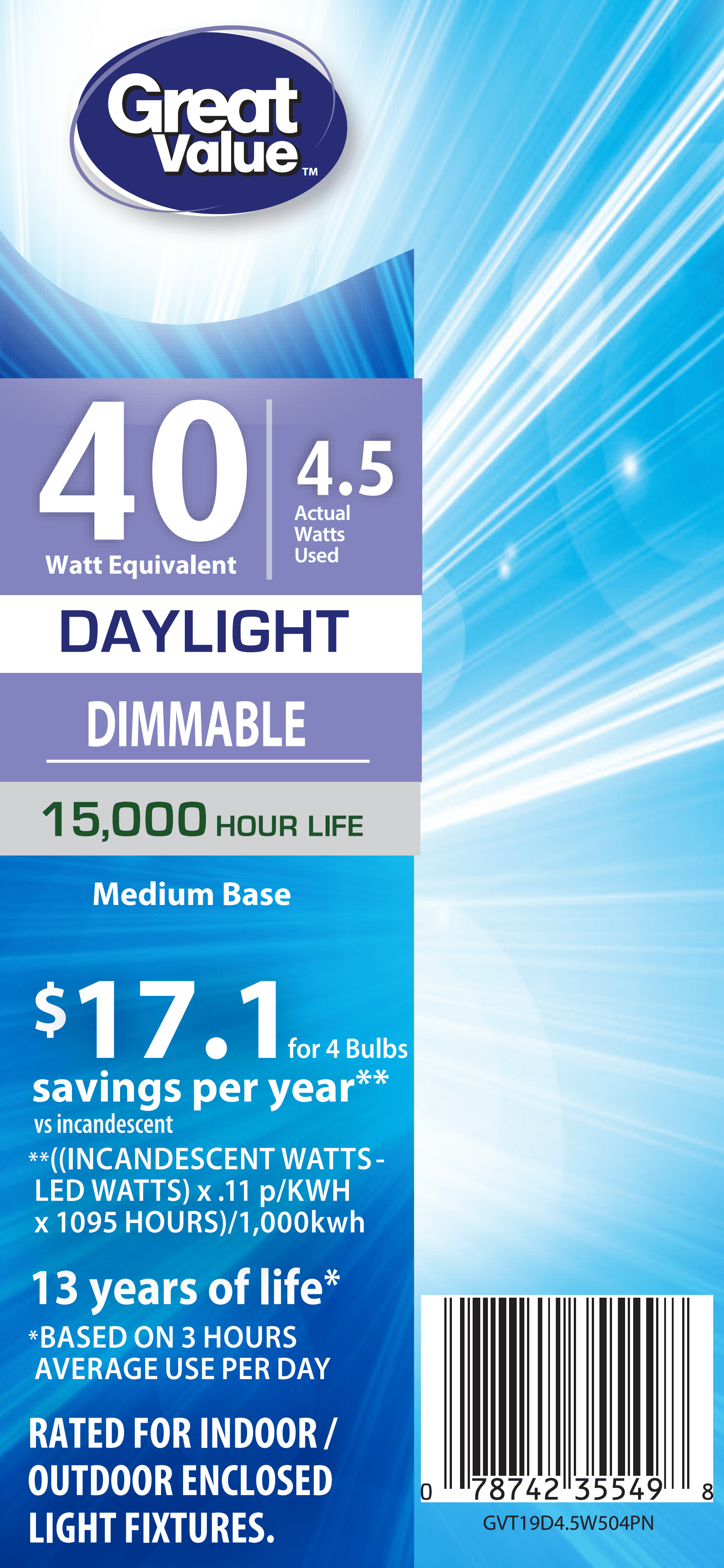 Great Value General Purpose ST19 LED Light Bulb, 4.5W (40W Equiv), Dimmable Daylight, E26 Base 4 Pack