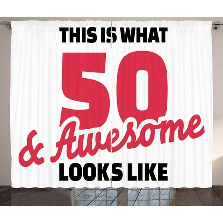 50th Birthday Decorations Curtains 2 Panels Set, Fifty and Awesome Cool and Fun Hand Written Happy Slogan, Window Drapes for Living Room Bedroom, 108W X 90L Inches, Red Black White, by