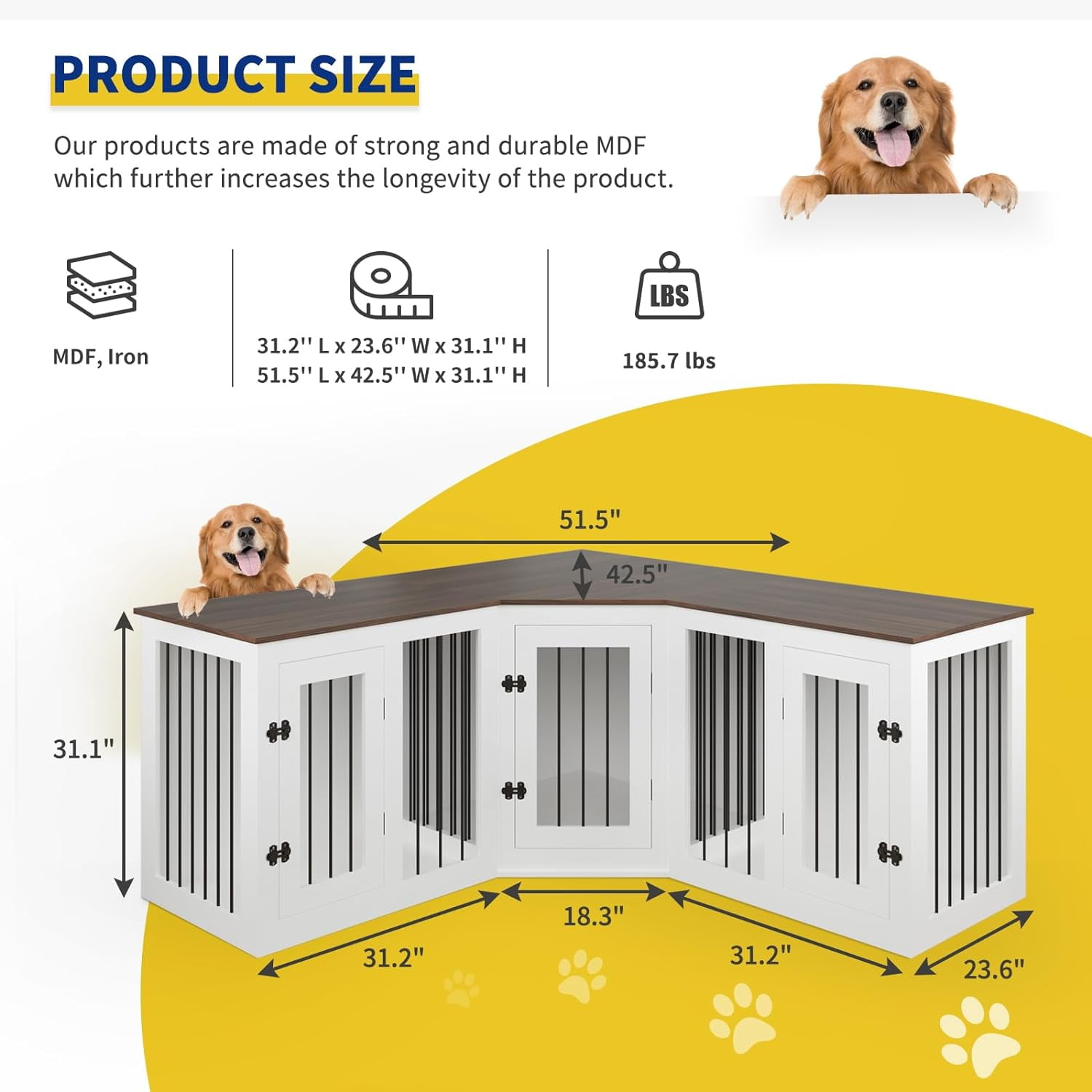 Large Dog Crate Furniture for 3 Dogs, Cuoote 113" Corner Dog Kennel, 3-in-1 Heavy Duty Indoor Wooden Crate for Small, Medium & Large Dogs