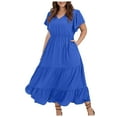 thumbnail image 1 of Vestido informal de talla grande para mujer con cuello en V, color liso, mangas con volantes y pliegues - Poliéster, moda de verano, 1 of 5
