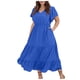 thumbnail image 1 of Vestido informal de talla grande para mujer con cuello en V, color liso, mangas con volantes y pliegues - Poliéster, moda de verano, 1 of 5
