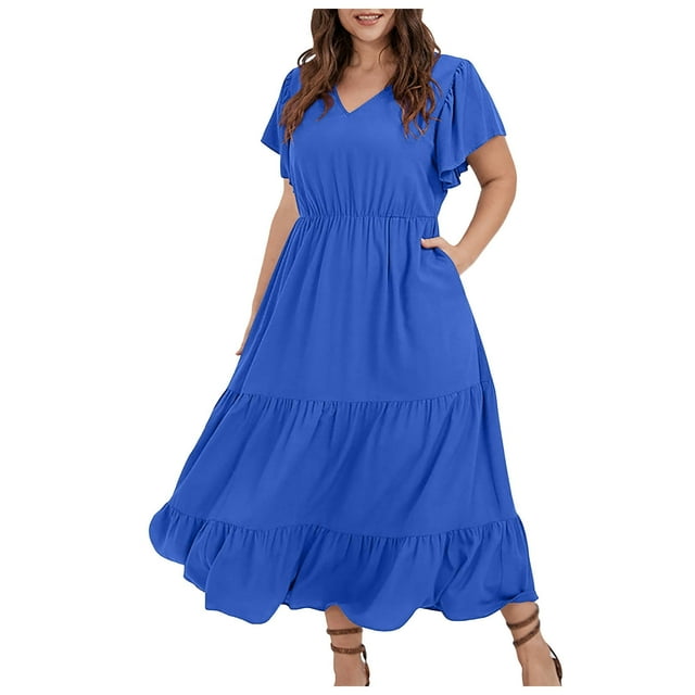 Vestido informal de talla grande para mujer con cuello en V, color liso, mangas con volantes y pliegues - Poliéster, moda de verano