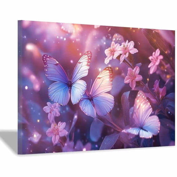 Mudket Dreamy Purple and Blue Butterflies with Flowers Canvas Wall Art, Floral Wall Decor, Framed Ready to Hang Artwork for Living Room Bedroom - 12"L x 8"W