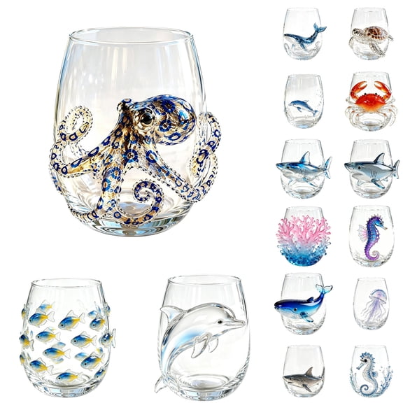 Artisanal Blue Ringed Octopus Glassware, 3D Octopuses Stemless Glasses, Handcrafted Marine Animal Bar Glass, Coastal Home Decor Gifts for Ocean Lovers Home/Office #01 Octopus