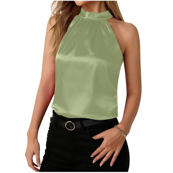 YUGYXL Womens Satin Silk Tank Top Sleeveless Mock Neck Keyhole Back Halter Shirt Dressy Casual Soft Comfy Plain Blouses Mint Green L