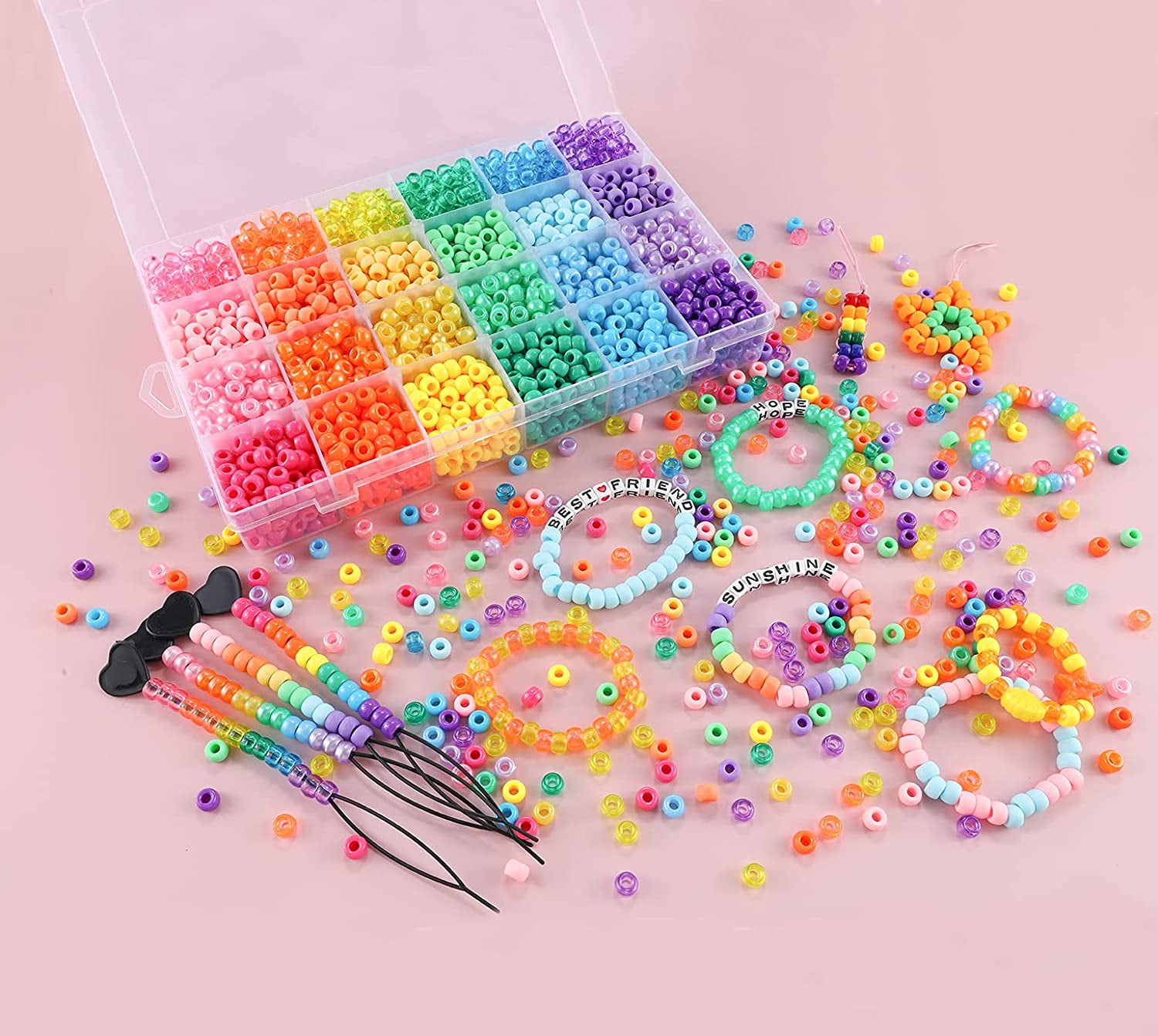 1003Pcs/Bag Hair Beads Beading Kits for Kids Hair Acrylic Rainbow Beads  Elastic Rubber Bands for Braid for Hair Accessories