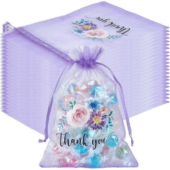 30Pcs Organza Drawstring Bags 6x4 Inch Purple Floral Thank You Organza Bags Rectangle Candy Gifts Storage Favor Pouches for Christmas Birthday Wedding Party Valentine's Day