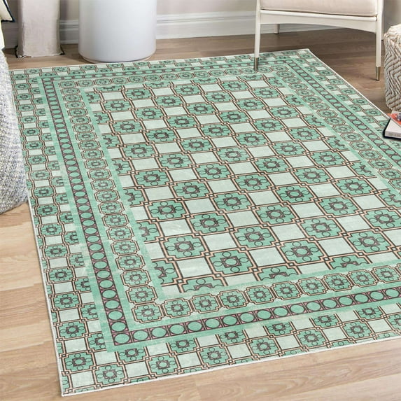 Vintage Decorative Rug, Ethnic Themed Squares and Circle Details Antique Themed Mesh Grid, Quality Carpet for Bedroom Dorm and Living Room, 6 Sizes, Seafoam Peach and Coconut, by Ambesonne