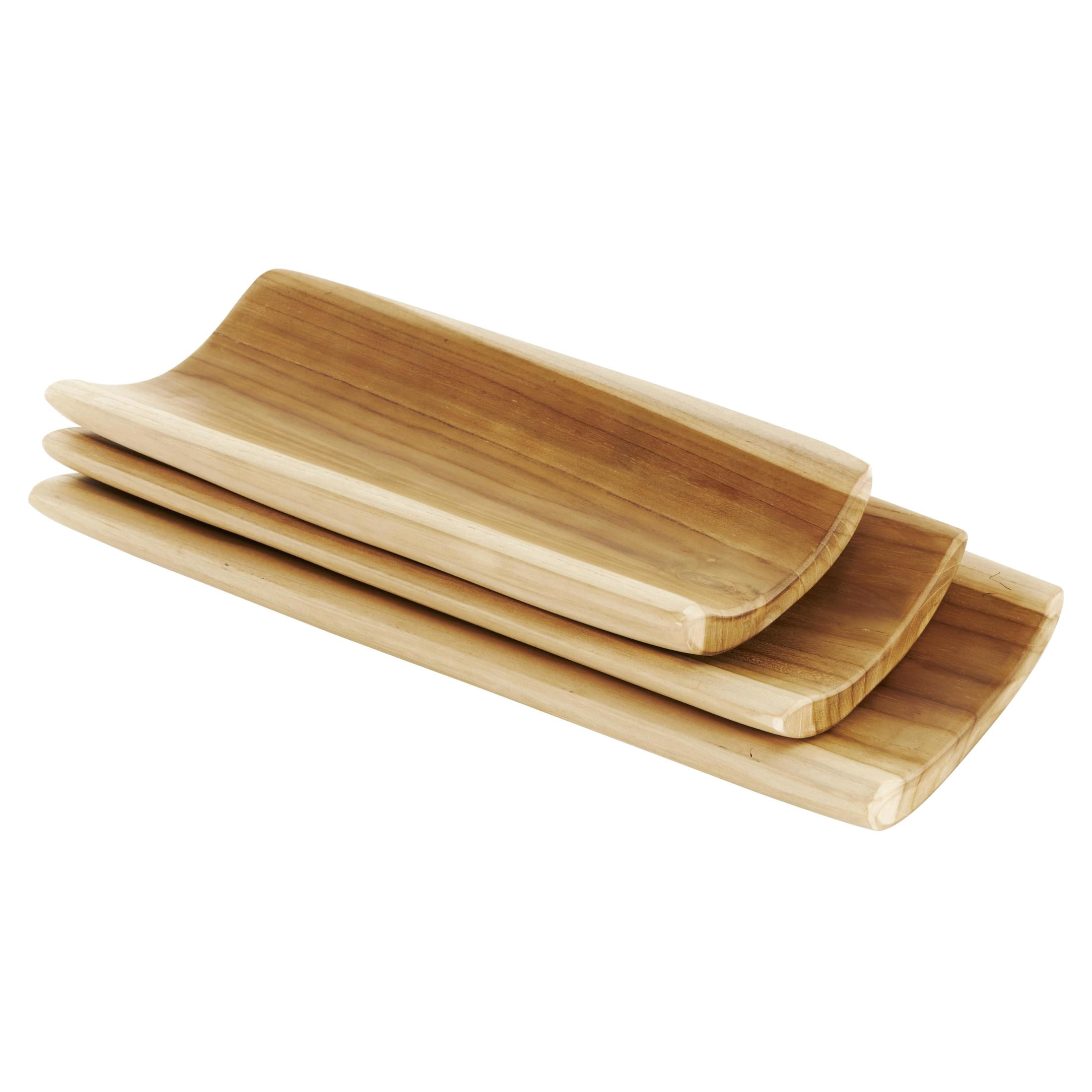 DecMode 18", 16", 14"W Brown Teak Wood Handmade Curved Tray, 3-Pieces