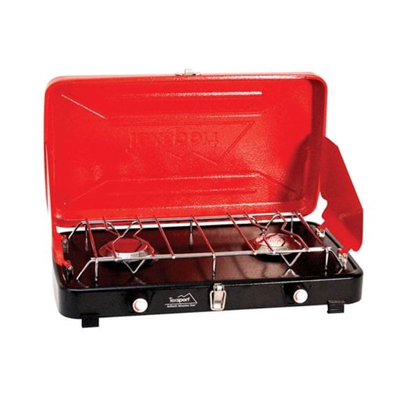 TEXSPORT Propane Camp Stove, 2-Burner Portable Grill, 10,000 BTUs, Red/Black