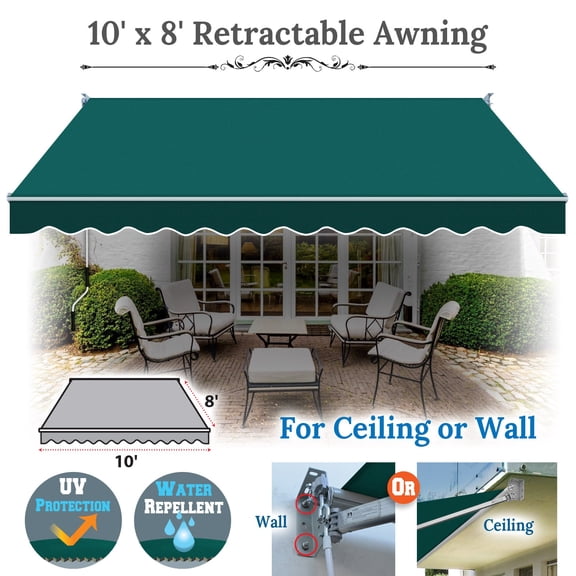 SUNRISEUMBRELLA Outdoor Patio Awning Retractable Awning Sun Shade Manual Patio Deck Awning (10'x8',Green)