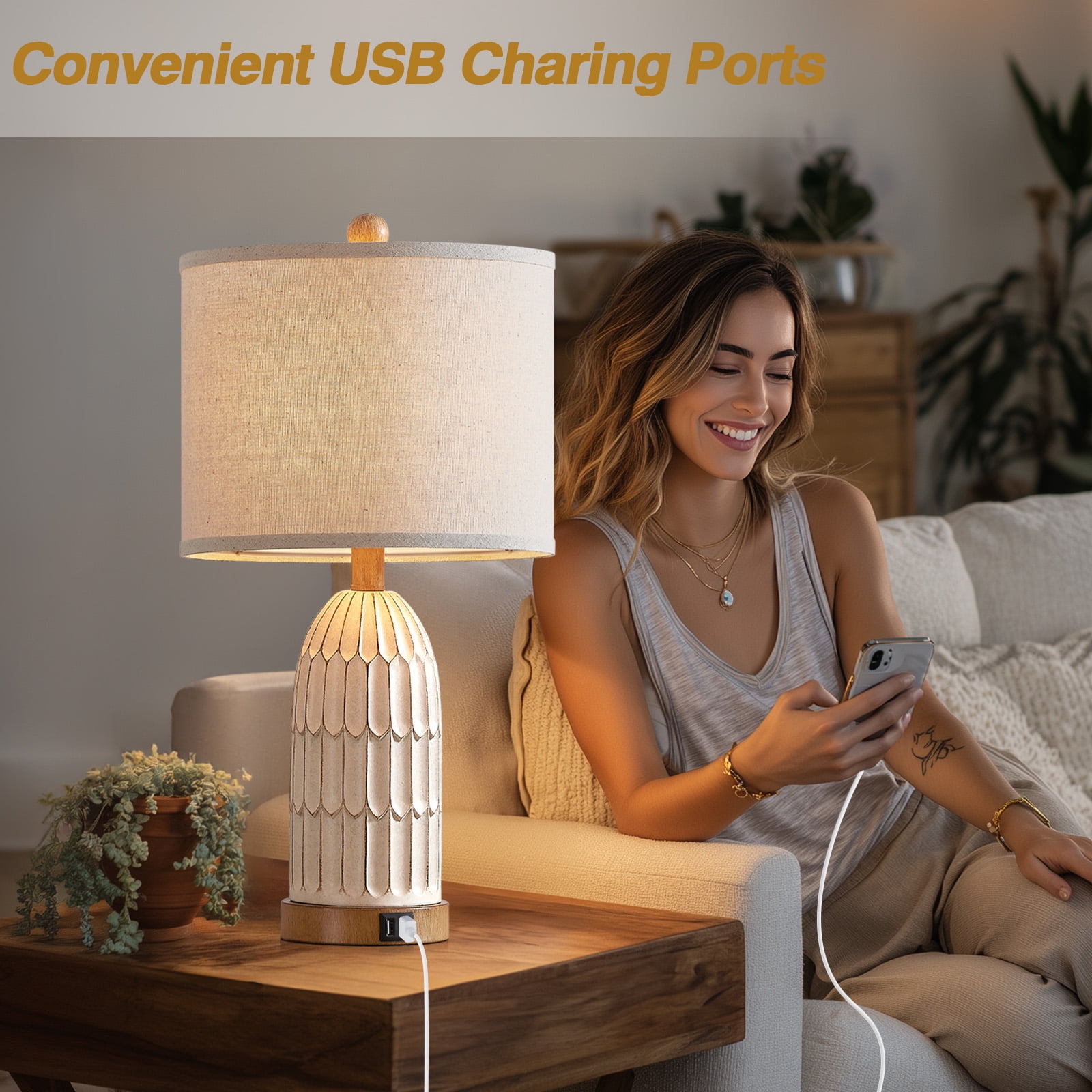 Lolikit Rustic 3 Way Dimmable Touch Table Lamps Set of 2 for Bedroom Living Room 22" Farmhouse Resin Nightstand Bedside Lamp with USB Ports