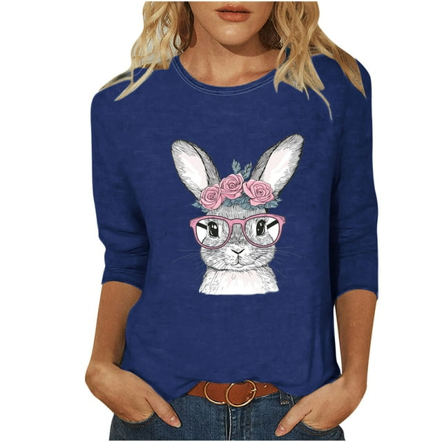 LMKIHUSA T-Shirts de Pâques pour Femmes à Manches 3/4, Mignons avec Lapin Floral et Oeufs de Pâques, T-Shirts Graphiques à Col Rond, Blouses d'Été Décontractées pour l'Extérieur 2025, Hauts Bleu, TG
