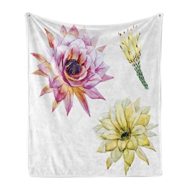 Cactus Soft Flannel Fleece Throw Blanket, Vector Image Watercolored Cactus Flowers Vividly Colored Desert Nature Print, Cozy Plush for Indoor and Outdoor Use, 50" x 70", Pink and White, by Ambesonne
