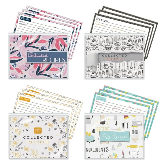 24 Pocket Mini Recipe Card Books with 100 4 x 6 Recipe Cards, 4 Pack with 4 Assorted Designs (25 Cards per Design), by Better Kitchen Products, 4 Recipe Book Sleeves   100 Recipe Cards
