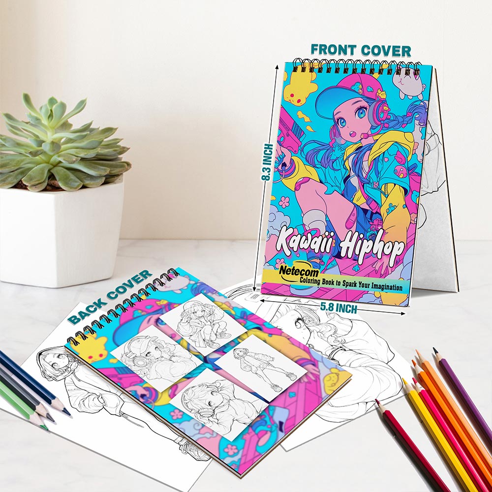 Netecom Kawaii Hiphop Coloring Book for Adults, A5 Wooden Cover, Spiral Bound Edition, 30 Stylish and Playful Coloring Pages of Trendy Hiphop Girls for Stress Relief and Relaxation