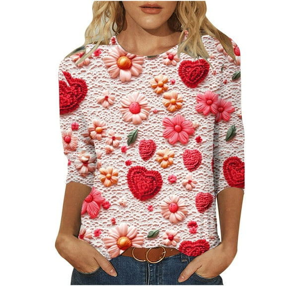 Valentine's Day Shirts Womens Love Heart Cute Tops 3/4 Sleeve Valentines Tshirts Round Neck Graphic Tee (XL, Pink 03)