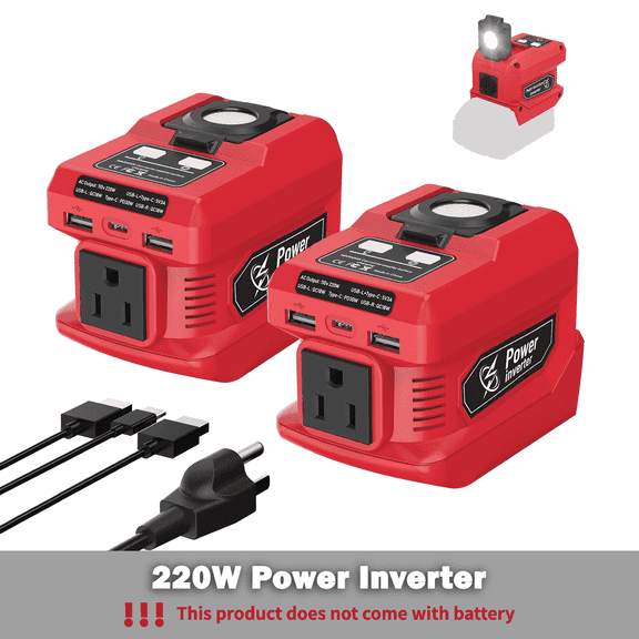 Kzreect 2 Pack 220W Power Inverter Compatible with Mil-wau-kee 18V Battery, 110V 220W Output, 2 USB-A & 400 LM LED for Car, Camping & Emergency Use