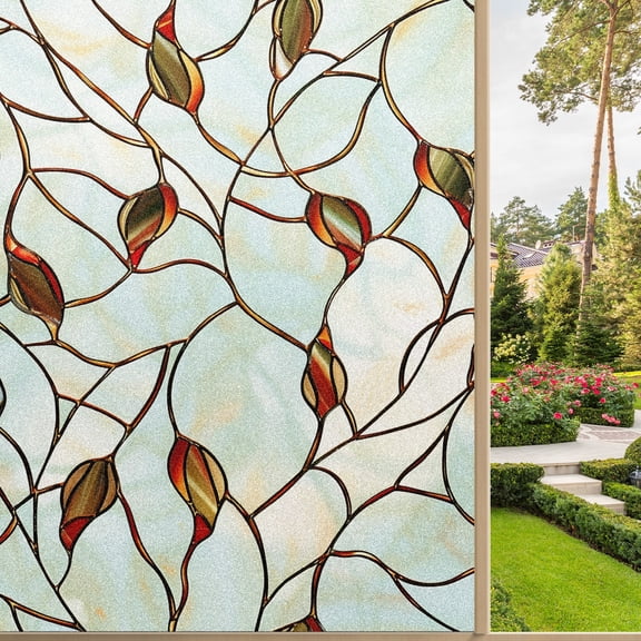 Static Cling Decorative Window Film Frosted Privacy Film Window Clings for Glass Windows No Glue Window Sticker for Bathroom Bedroom Office Stained Leaves (18)