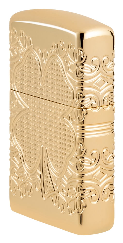 Zippo Lucky Clover Design Armor High Polish Gold Plate Pocket Lighter