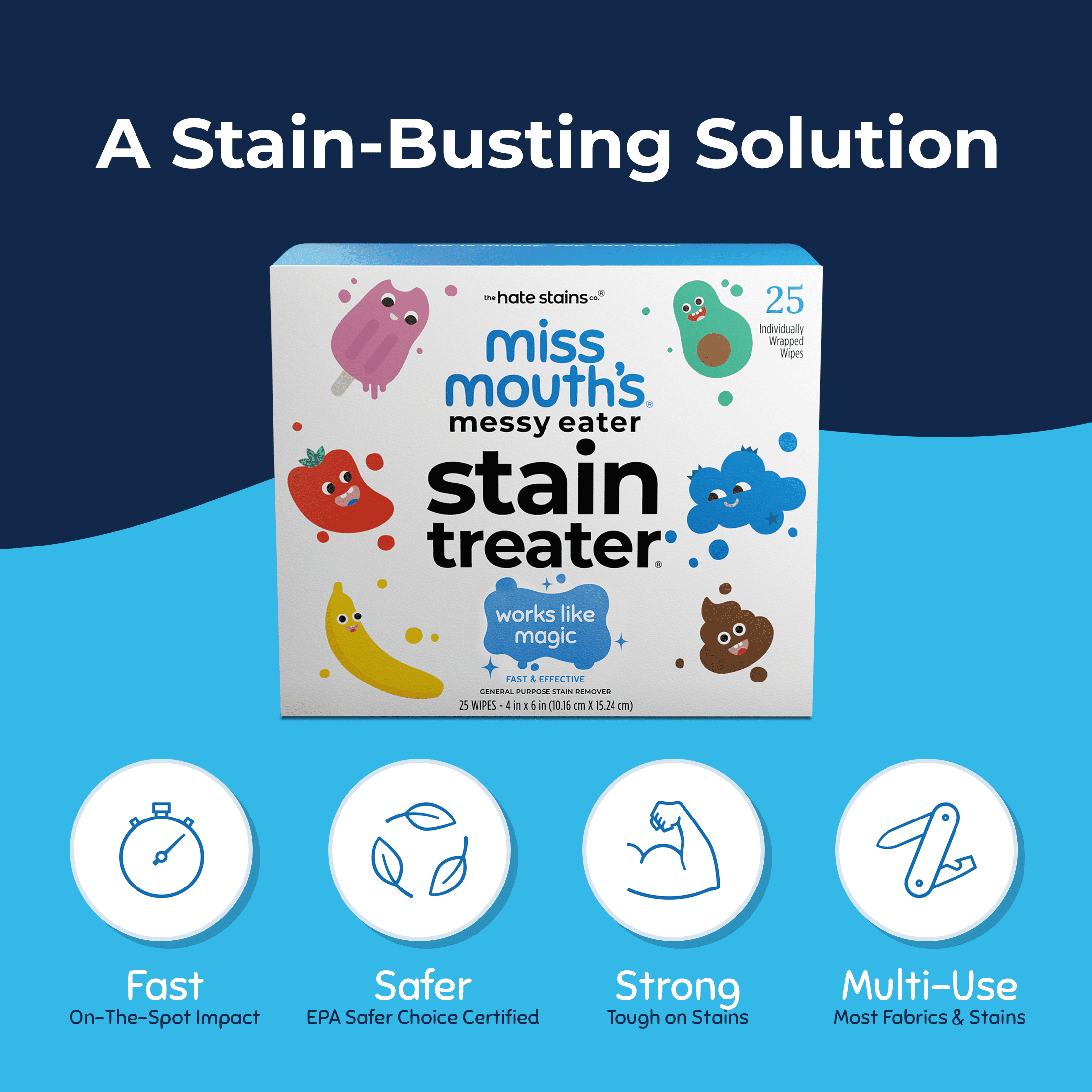 Miss Mouth's Messy Eater Stain Treater (25 Pack of Individual Wipes) | Super Concentrated Baby Stain Remover Wipes | Stain Remover for Clothes | Carpet Spot Cleaner